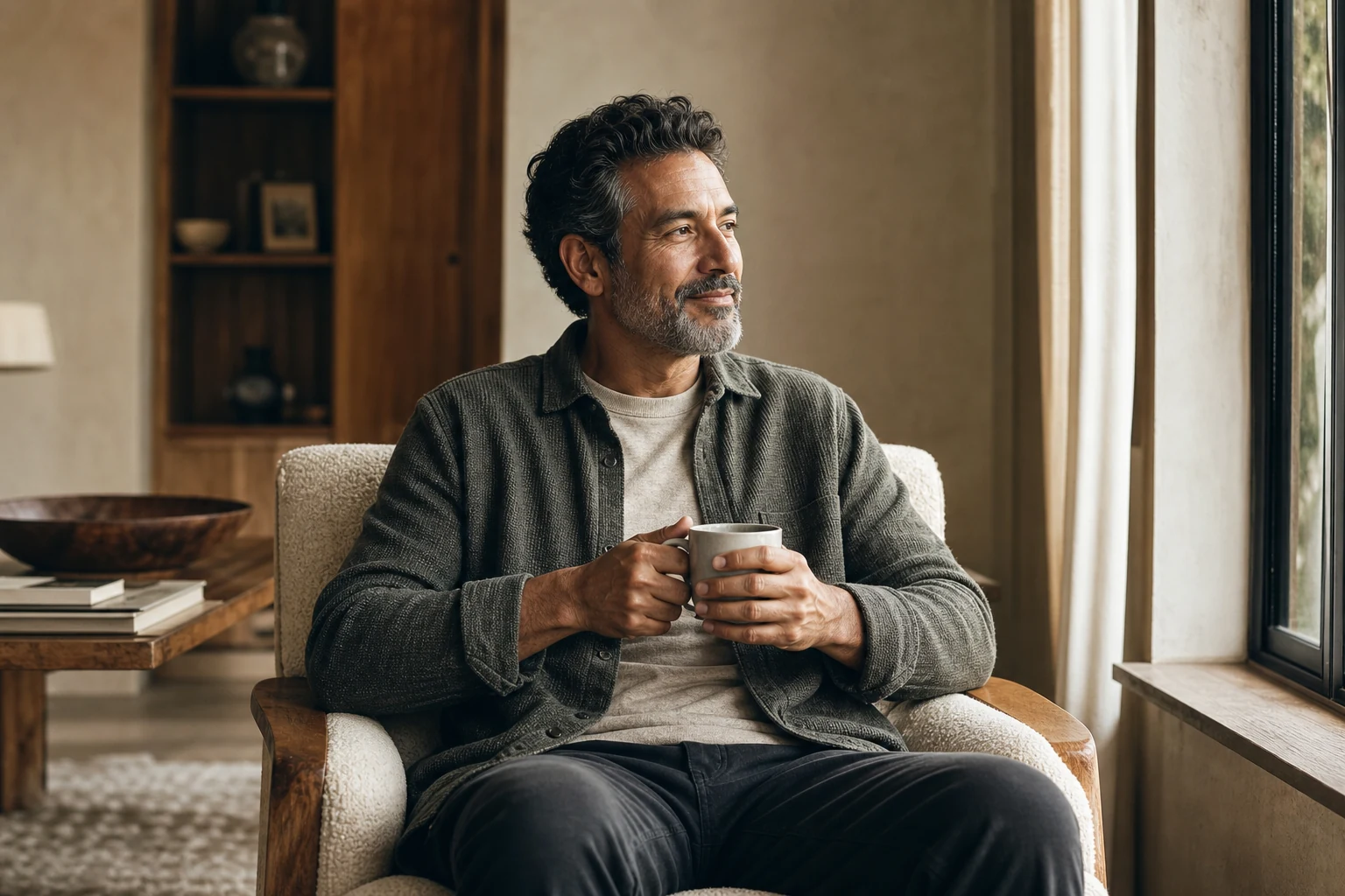 Man relaxing at home with a warm drink