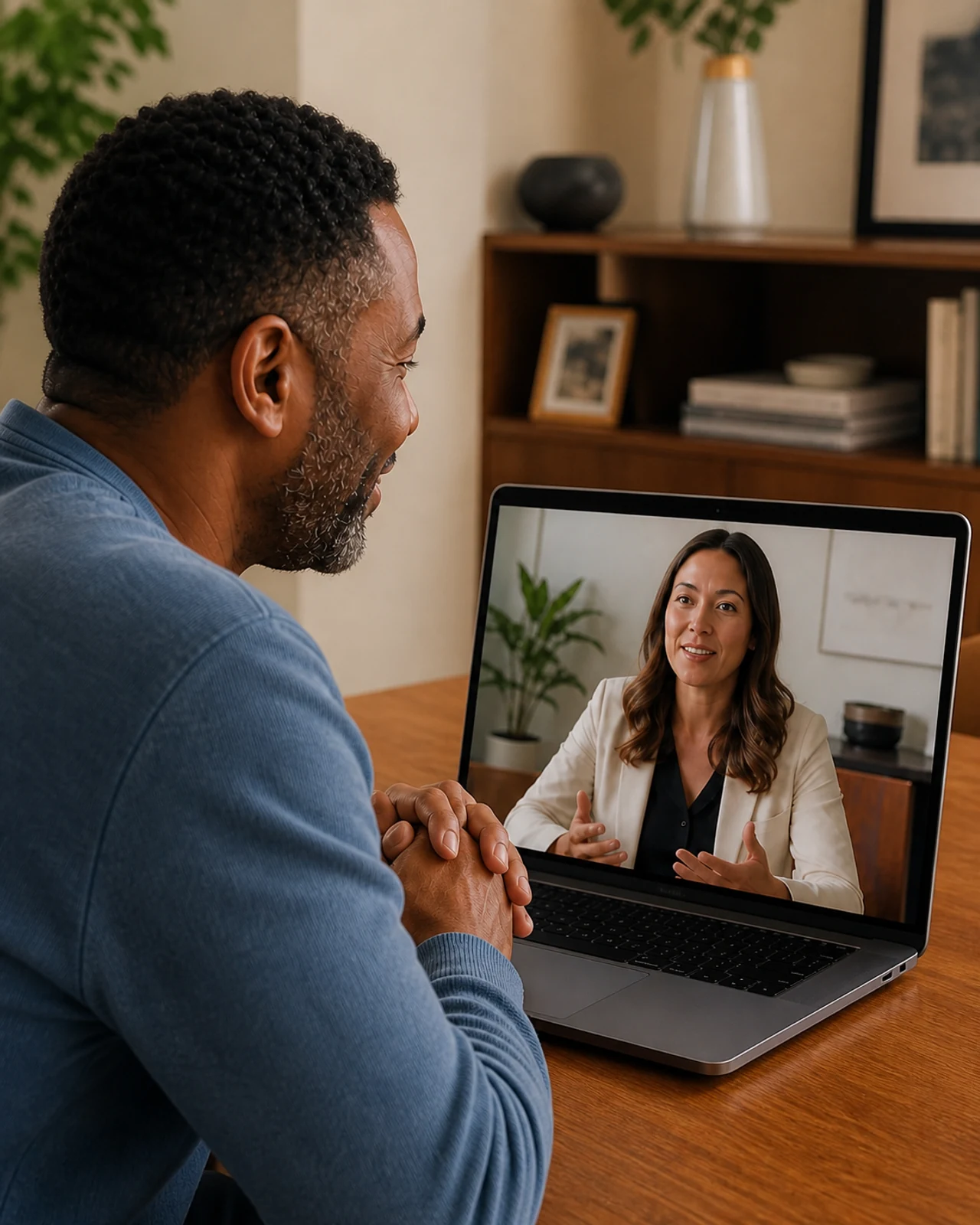 Man facing a healthcare provider on a laptop during an online visit