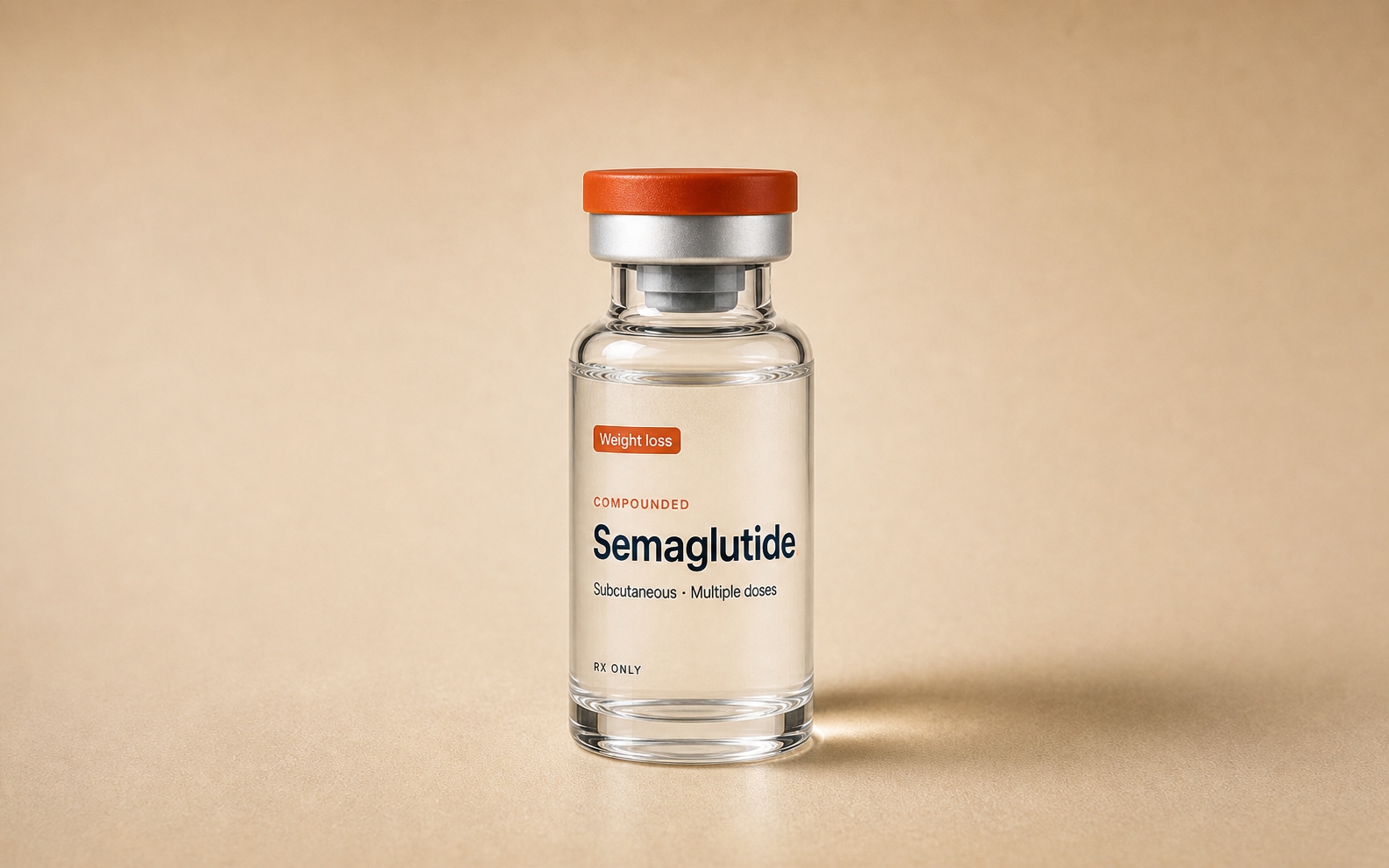 Semaglutide vial on a warm neutral background