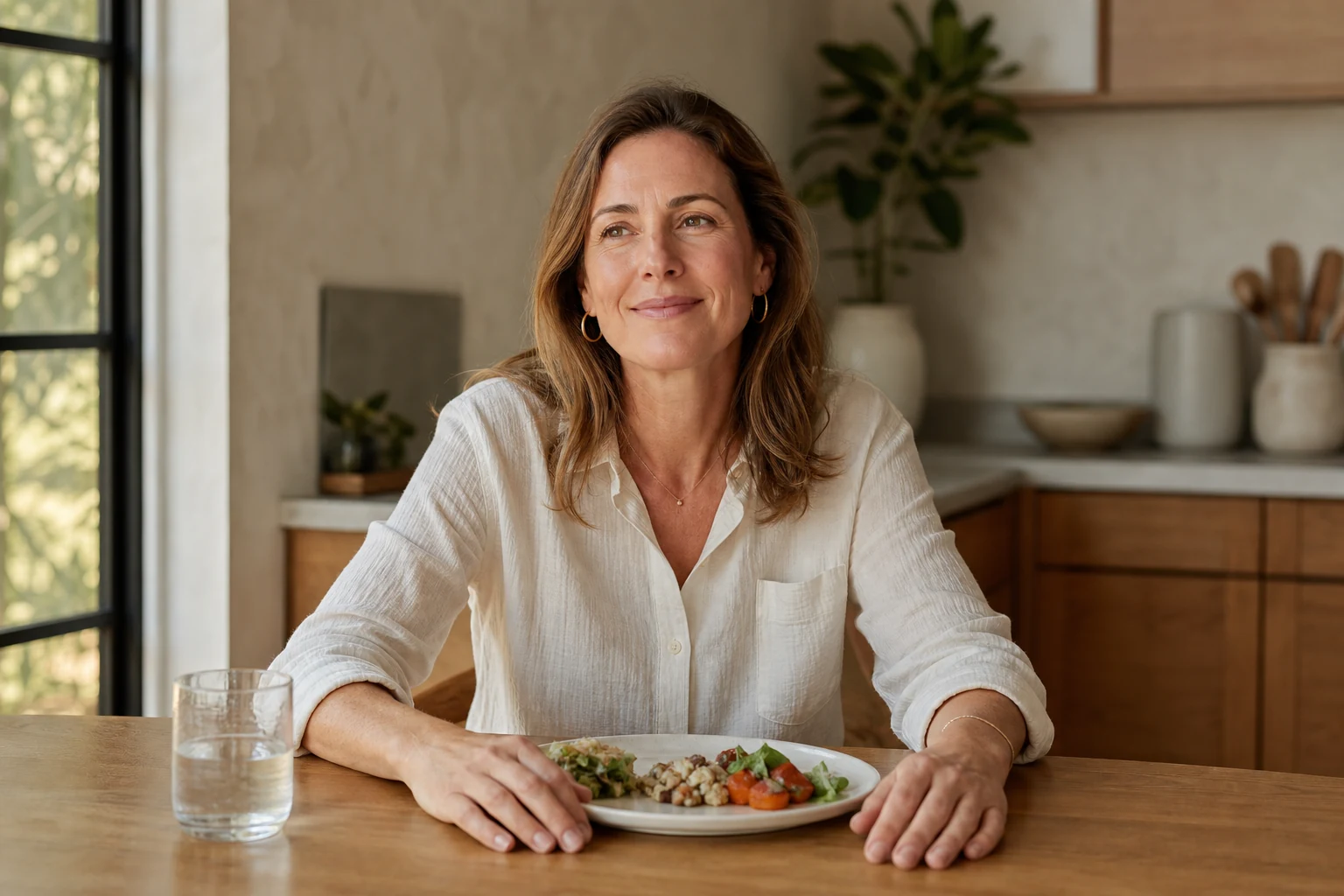 Woman sitting comfortably after a balanced meal at home