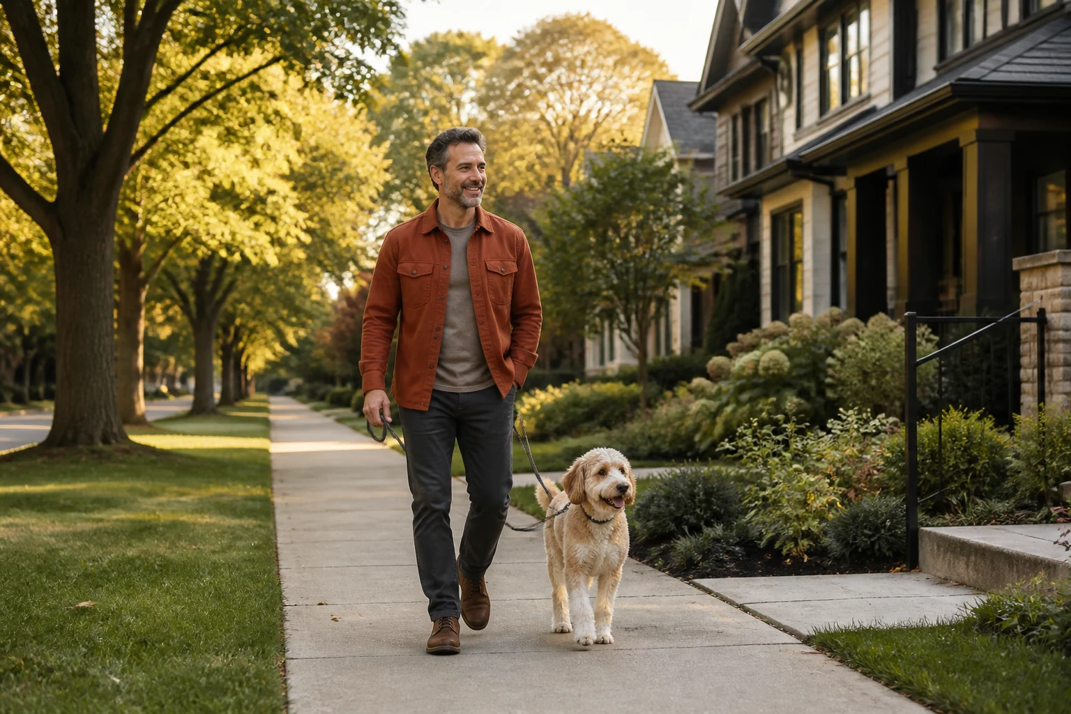 Man walking his dog through a sunlit neighborhood