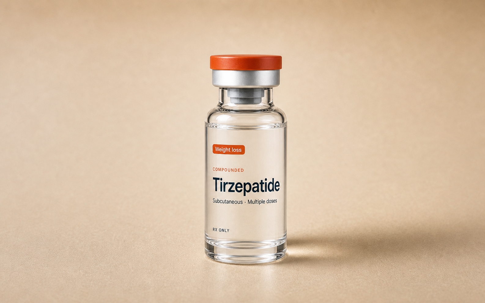 Tirzepatide vial on a warm neutral background
