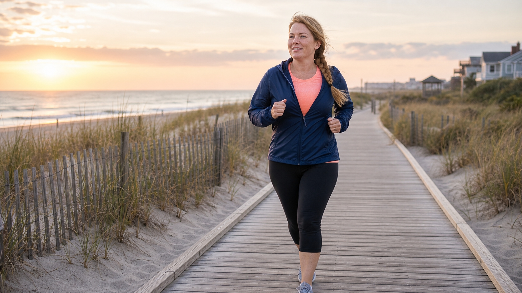 Woman jogging on a beach boardwalk at sunrise