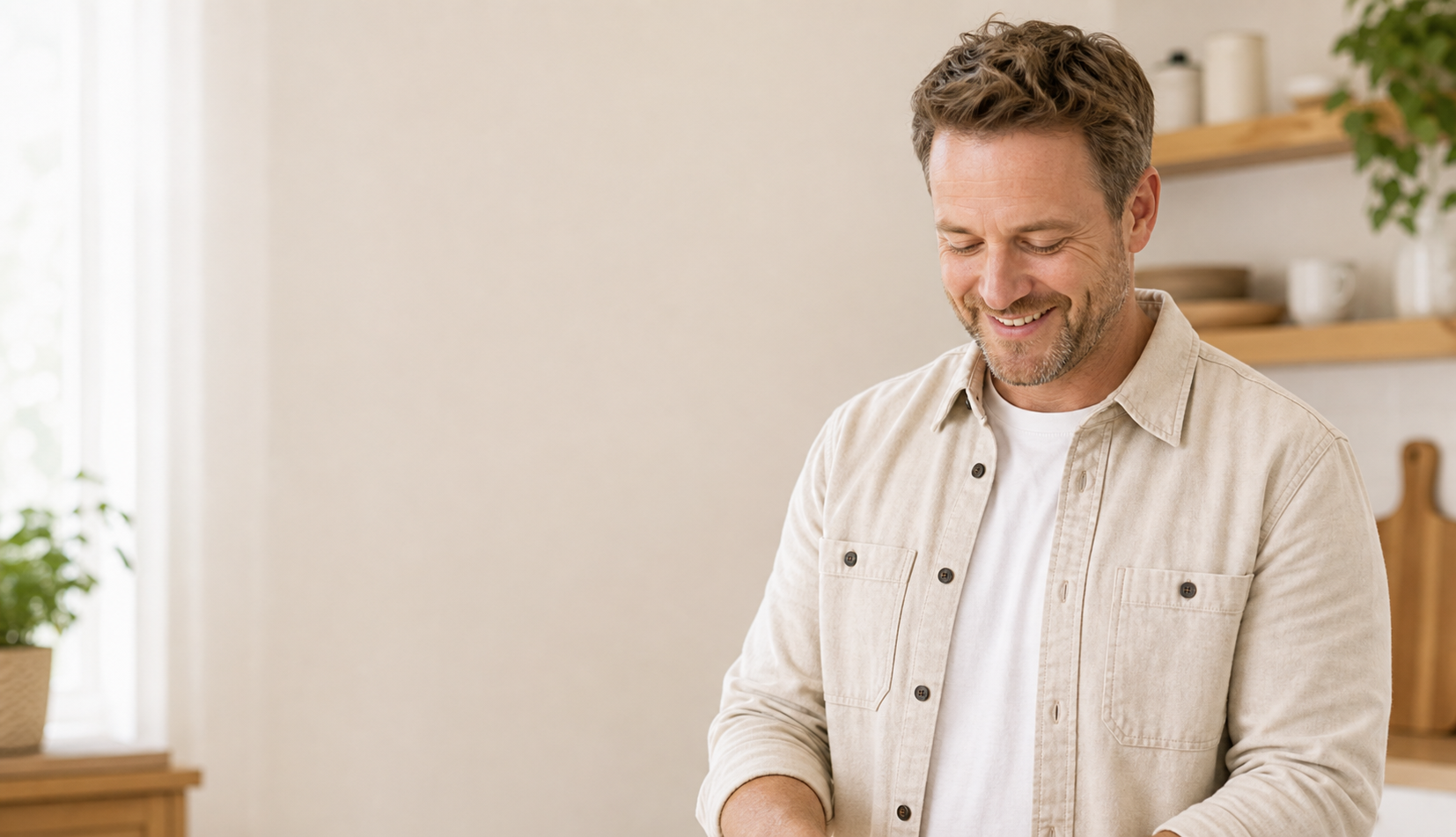 Man preparing food in a bright home kitchen