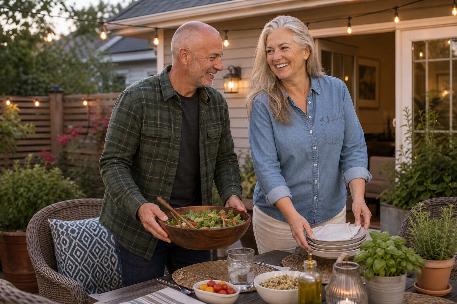 Couple preparing dinner together on a patio