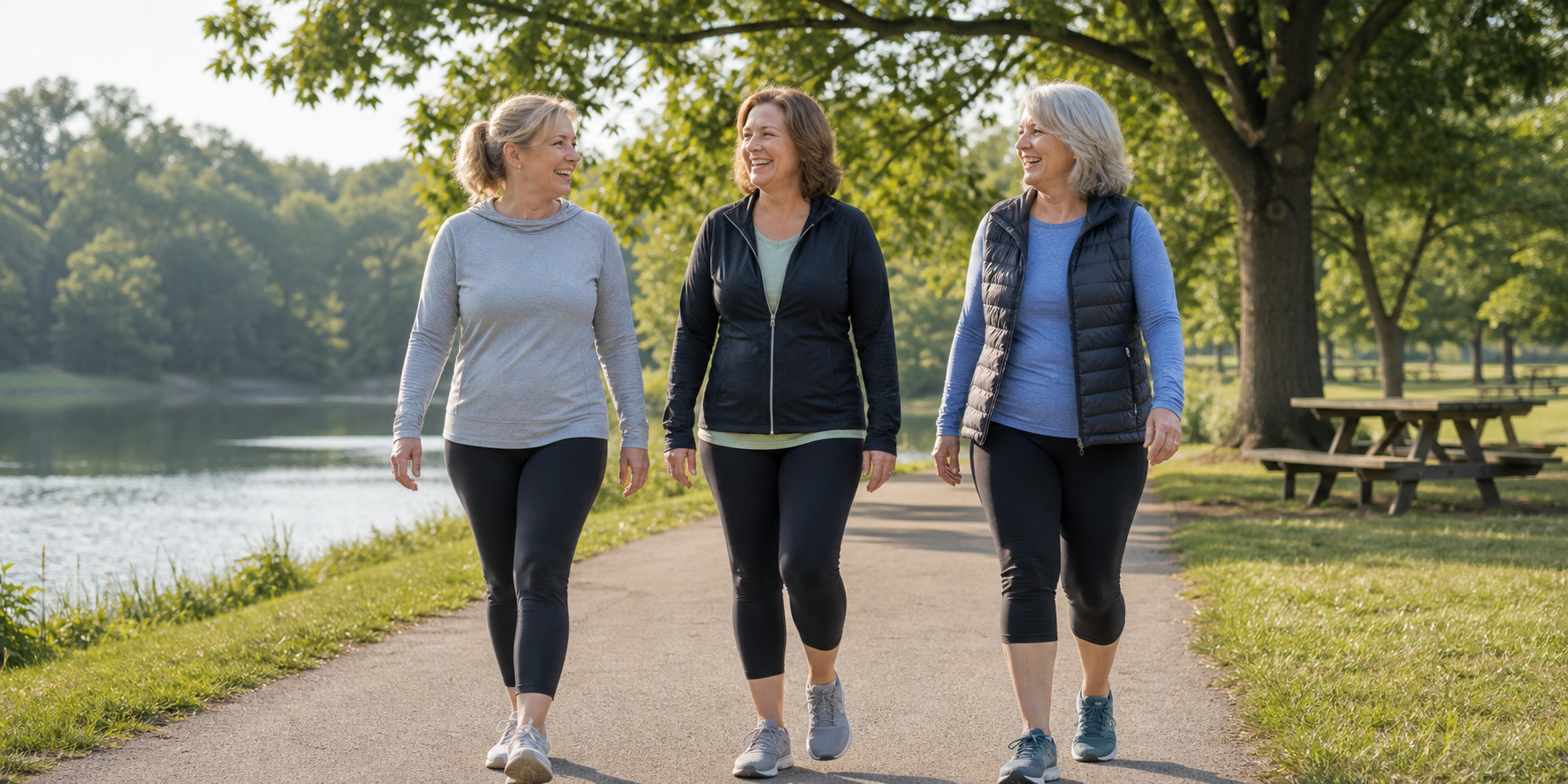 Women walking together near a lakeside path