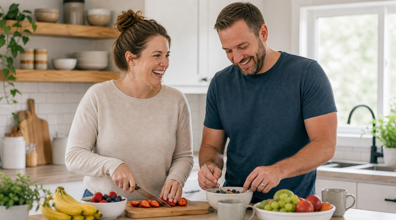 A couple making a simple meal together at home