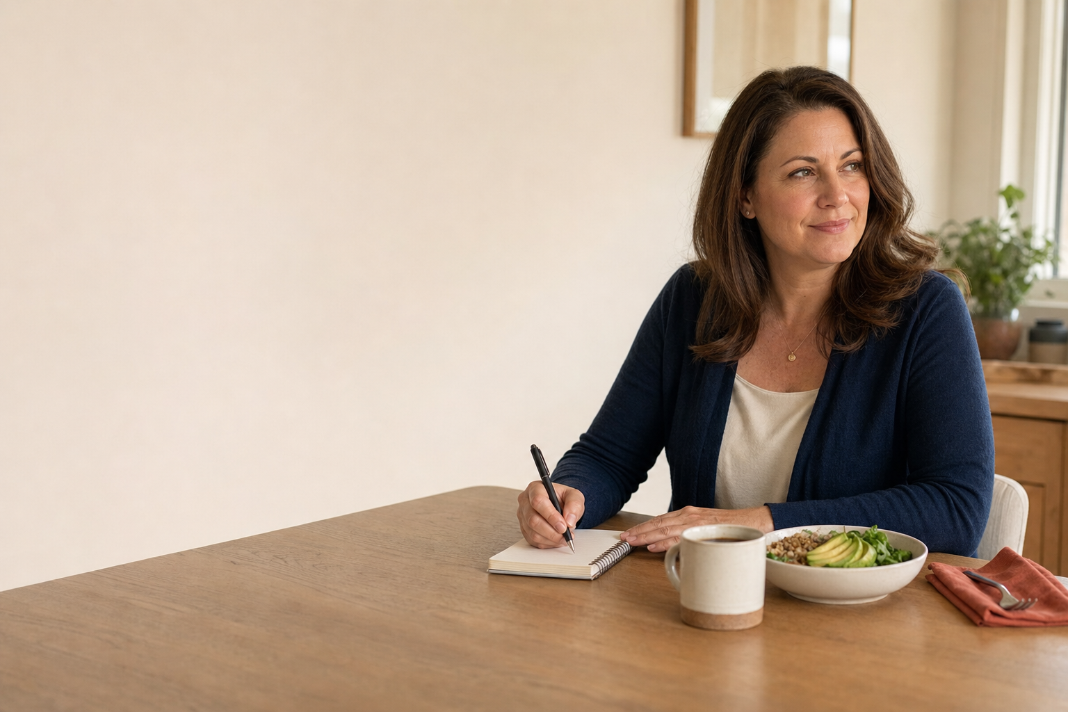 Woman in a dining nook planning her weight care routine